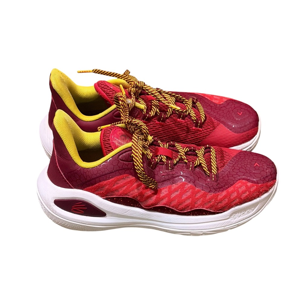 Under Armour Curry 11 Fire Red Burgundy Yellow Kids Basketball Shoes 5.5Y